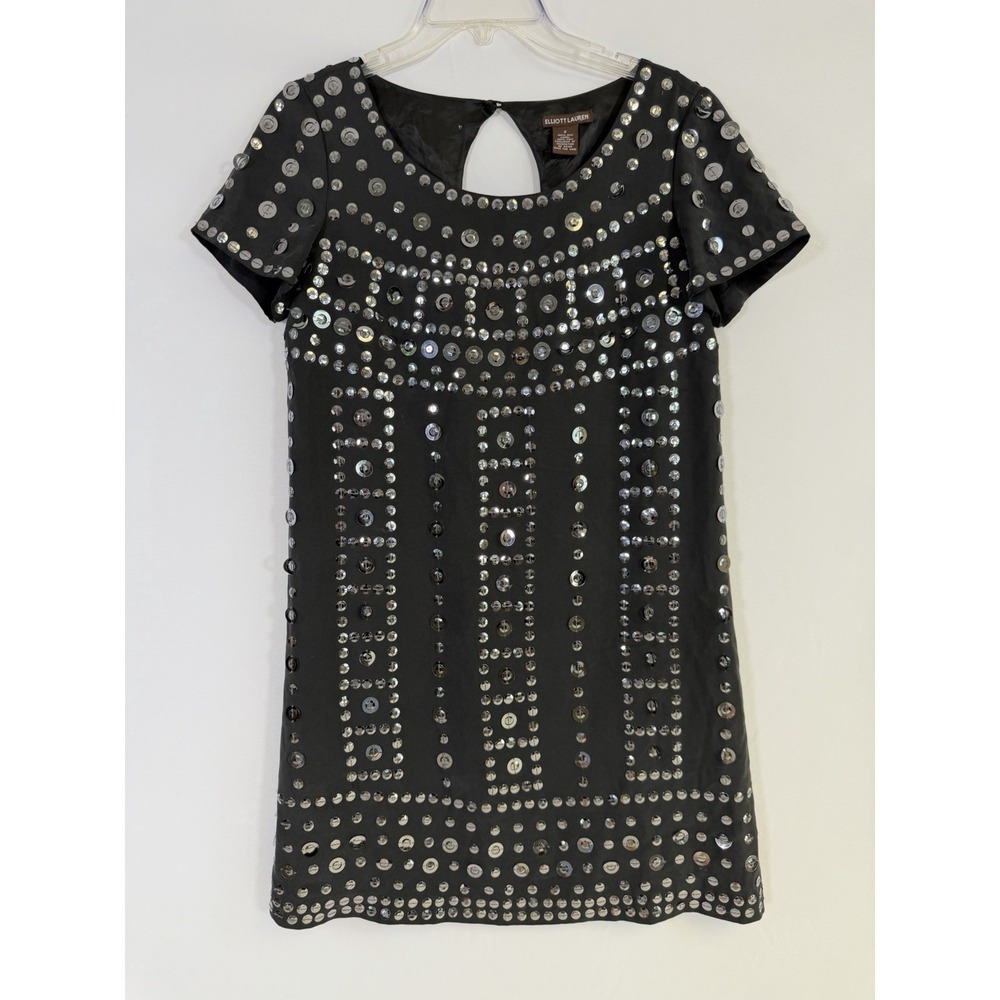 Elliott Lauren 100%‎ Silk Sequin Dress Black Embellished Short Sleeve Sz 2
